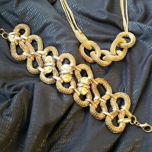 Gold chain link chunky egyptian snakeskin pattern necklace + bracelet set